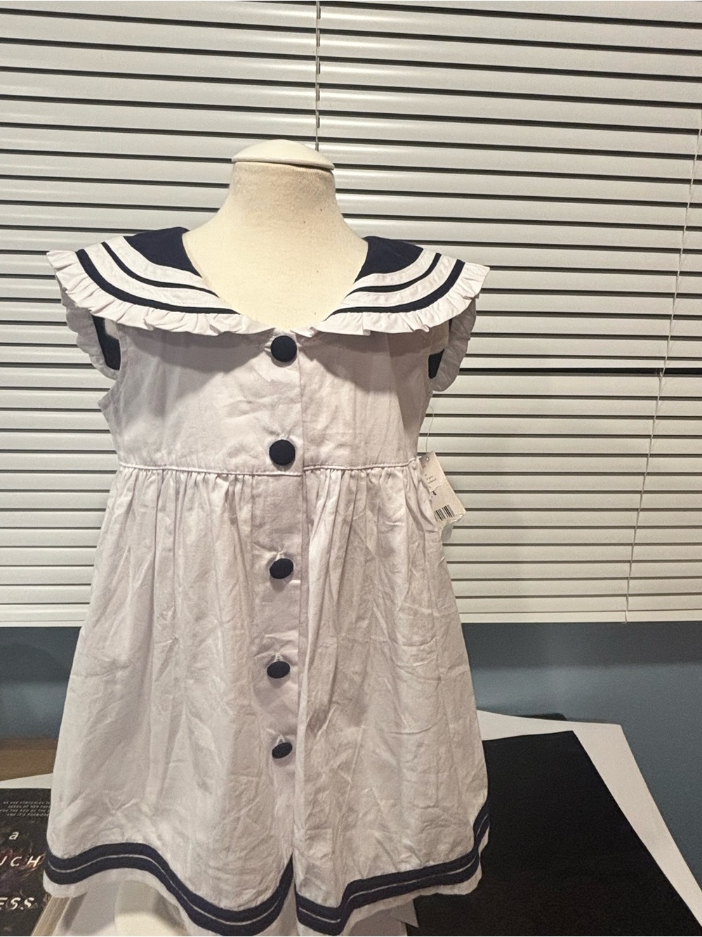 Girls White Nautical Sailor Dress with Navy Trim